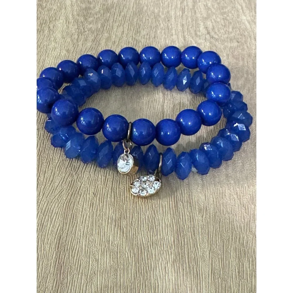 Cobalt Blue Glass Beaded Stretch Bracelets With Rhinestone Charm Accents - Picture 1 of 9